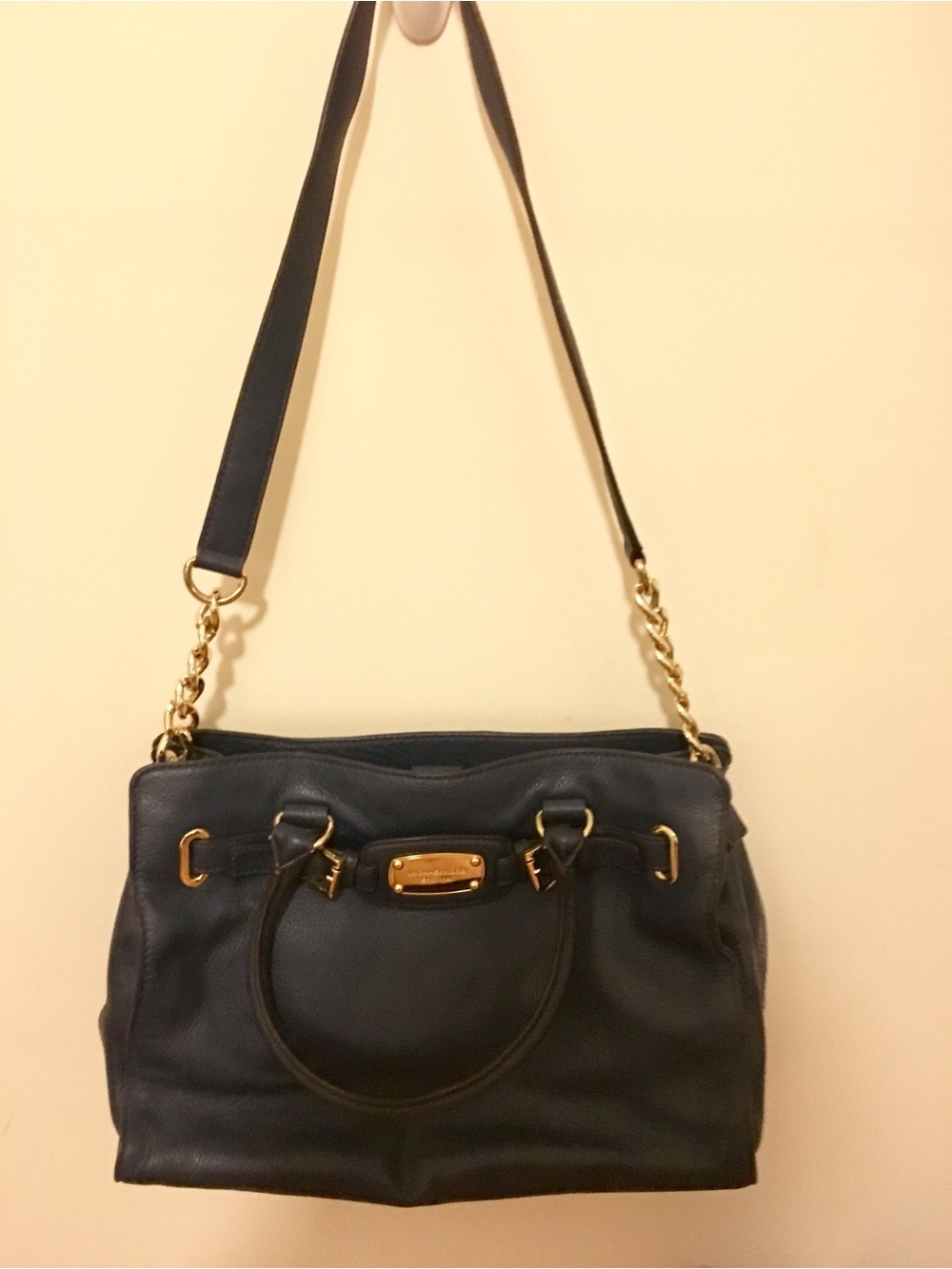 Michael Kors Navy Leather Satchel with Gold Hardware